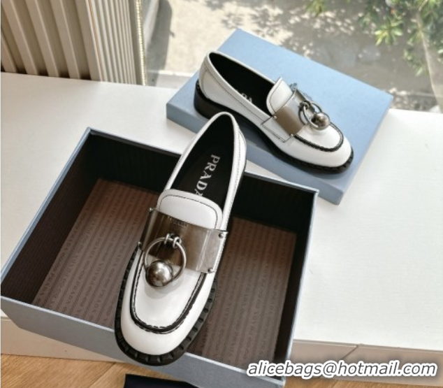 Luxury Prada Brushed leather loafers with metal details White 2025 1D981N