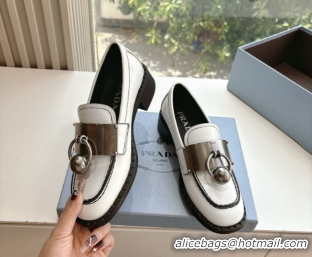 Luxury Prada Brushed leather loafers with metal details White 2025 1D981N