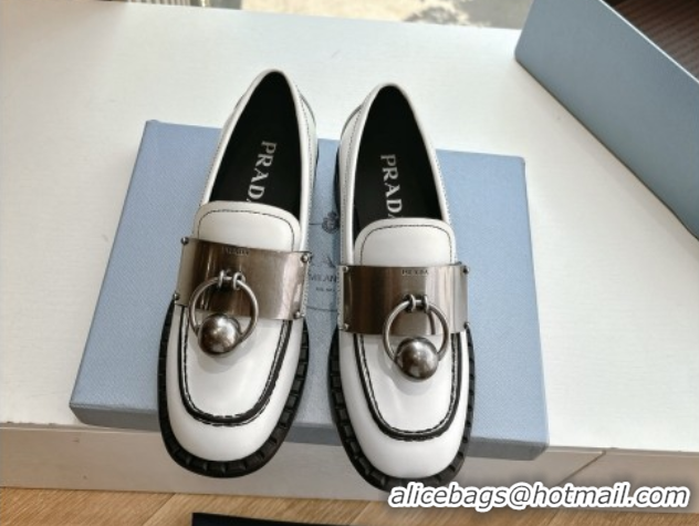 Luxury Prada Brushed leather loafers with metal details White 2025 1D981N