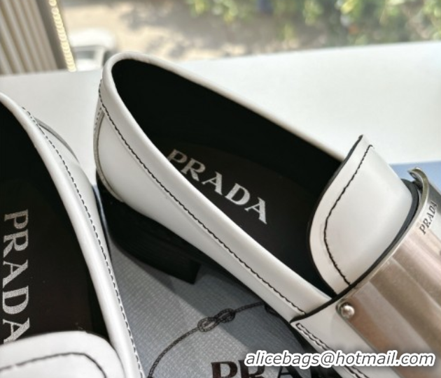 Luxury Prada Brushed leather loafers with metal details White 2025 1D981N