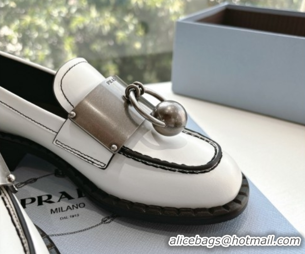 Luxury Prada Brushed leather loafers with metal details White 2025 1D981N