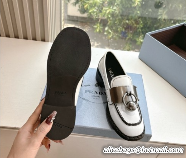 Luxury Prada Brushed leather loafers with metal details White 2025 1D981N