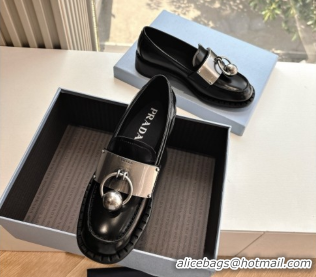 Pretty Style Prada Brushed leather loafers with metal details Black 2025 1D981N 