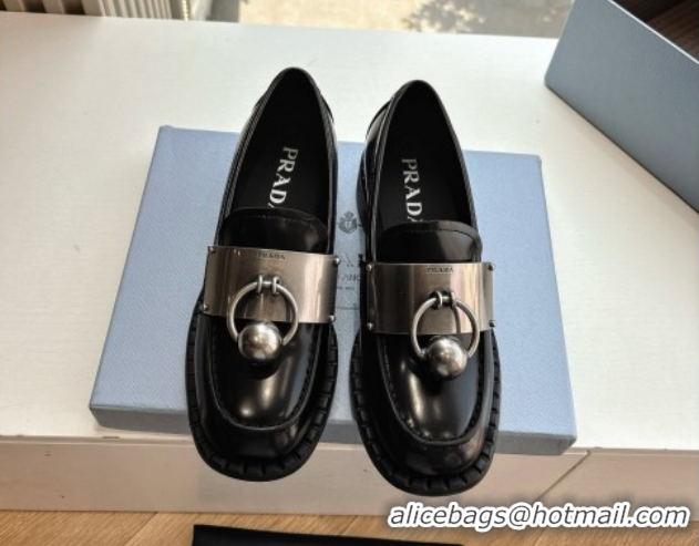 Pretty Style Prada Brushed leather loafers with metal details Black 2025 1D981N 