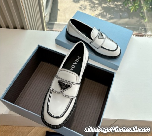 Classic Hot Prada Brushed leather loafers with logo White 2025 PR060304