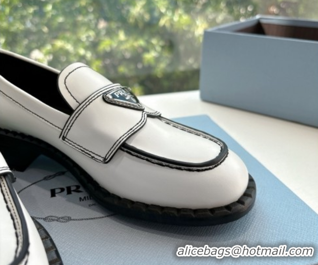 Classic Hot Prada Brushed leather loafers with logo White 2025 PR060304