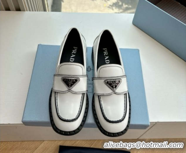 Classic Hot Prada Brushed leather loafers with logo White 2025 PR060304