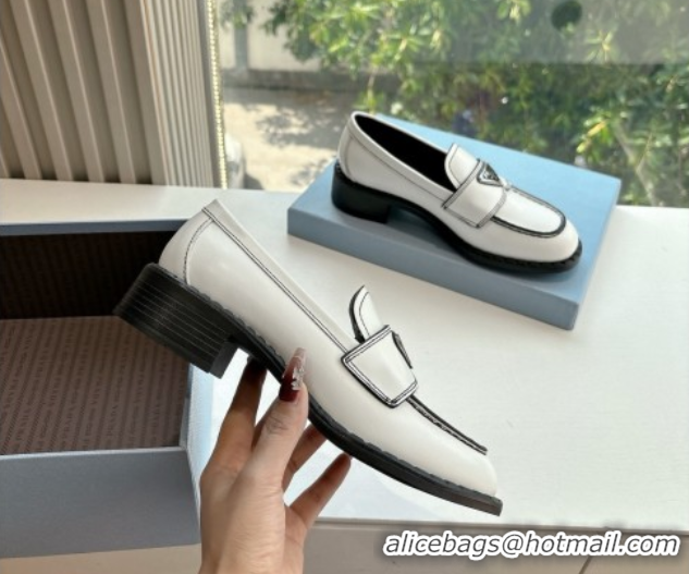 Classic Hot Prada Brushed leather loafers with logo White 2025 PR060304
