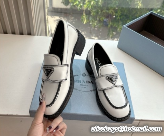 Classic Hot Prada Brushed leather loafers with logo White 2025 PR060304