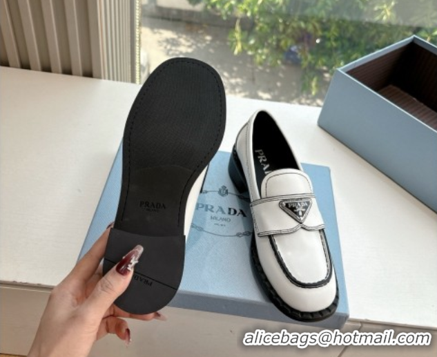 Classic Hot Prada Brushed leather loafers with logo White 2025 PR060304
