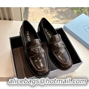 Low Cost Prada Brushed leather loafers with logo Dark Brown 2025 PR060304
