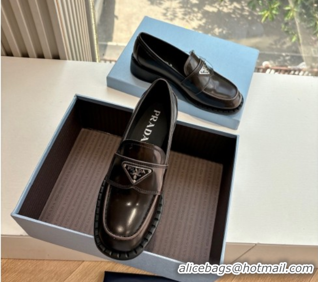 Low Cost Prada Brushed leather loafers with logo Dark Brown 2025 PR060304