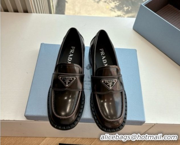 Low Cost Prada Brushed leather loafers with logo Dark Brown 2025 PR060304