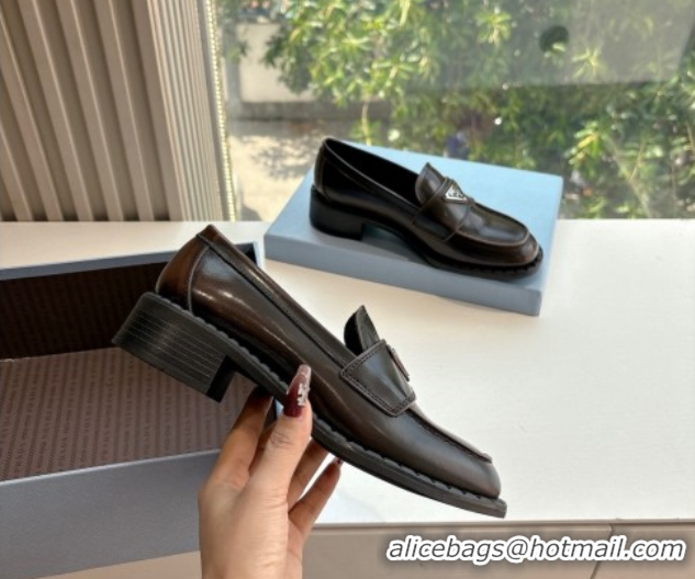 Low Cost Prada Brushed leather loafers with logo Dark Brown 2025 PR060304