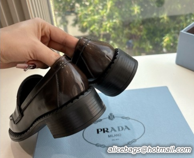 Low Cost Prada Brushed leather loafers with logo Dark Brown 2025 PR060304