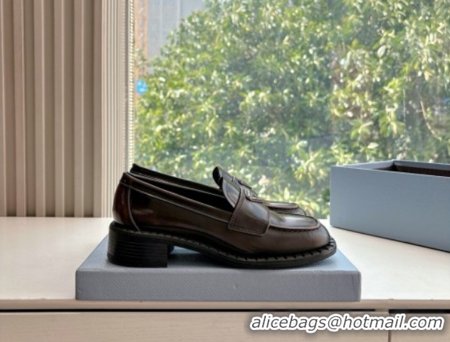 Low Cost Prada Brushed leather loafers with logo Dark Brown 2025 PR060304