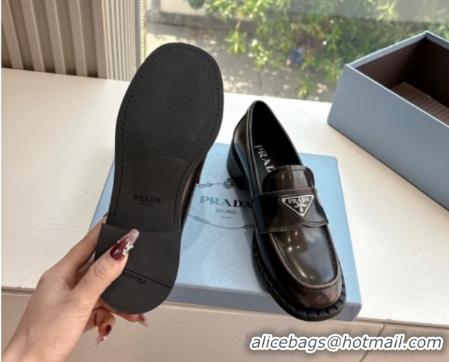 Low Cost Prada Brushed leather loafers with logo Dark Brown 2025 PR060304