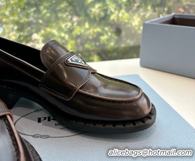 Low Cost Prada Brushed leather loafers with logo Dark Brown 2025 PR060304