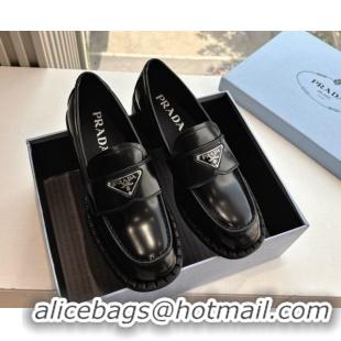 Best Product Prada Brushed leather loafers with logo Black 2025 PR060304