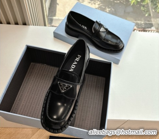 Best Product Prada Brushed leather loafers with logo Black 2025 PR060304