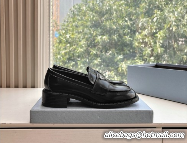 Best Product Prada Brushed leather loafers with logo Black 2025 PR060304