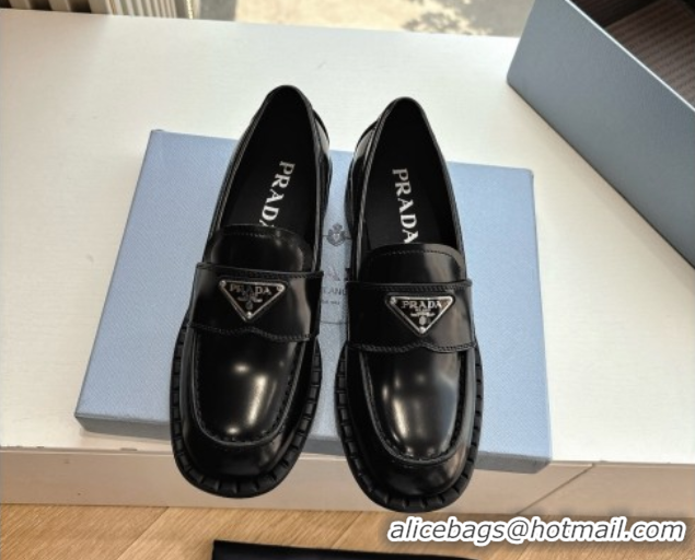 Best Product Prada Brushed leather loafers with logo Black 2025 PR060304