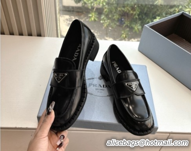 Best Product Prada Brushed leather loafers with logo Black 2025 PR060304