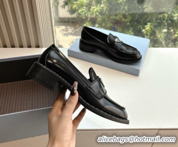 Best Product Prada Brushed leather loafers with logo Black 2025 PR060304