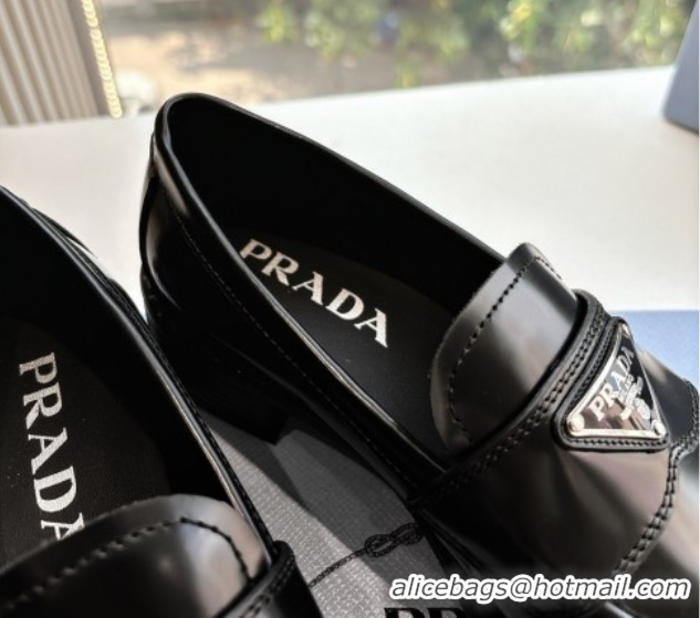 Best Product Prada Brushed leather loafers with logo Black 2025 PR060304