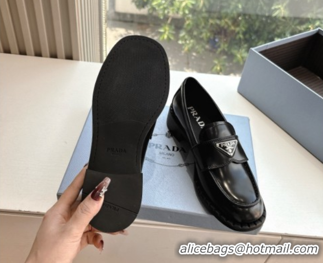 Best Product Prada Brushed leather loafers with logo Black 2025 PR060304
