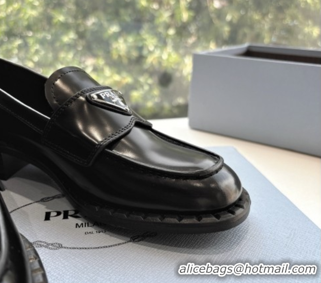 Best Product Prada Brushed leather loafers with logo Black 2025 PR060304