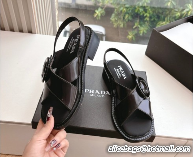 Luxury Cheap Prada Brushed leather sandals with buckle Sienna Brown 2025 1X962N