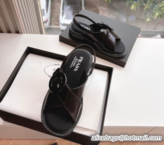 Luxury Cheap Prada Brushed leather sandals with buckle Sienna Brown 2025 1X962N