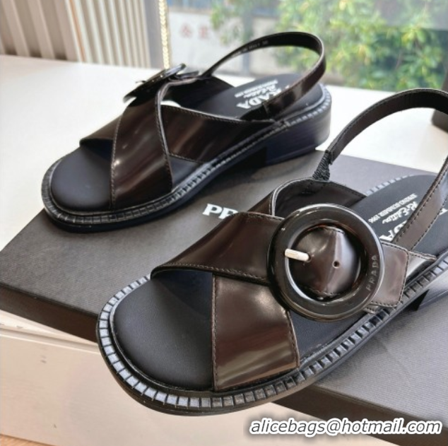 Luxury Cheap Prada Brushed leather sandals with buckle Sienna Brown 2025 1X962N