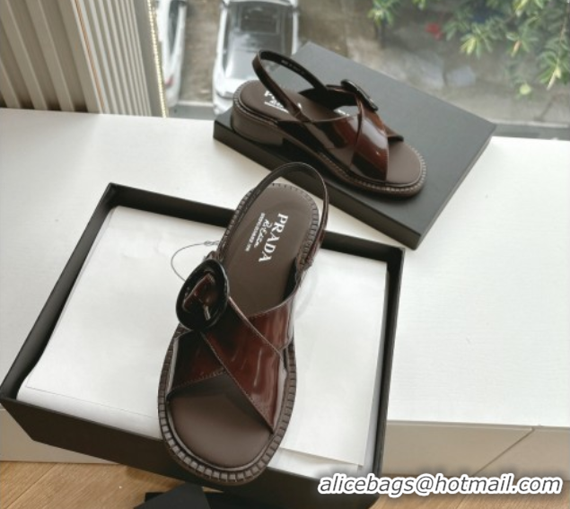 Lowest Price Luxury Prada Brushed leather sandals with buckle Brown2 2025 1X962N
