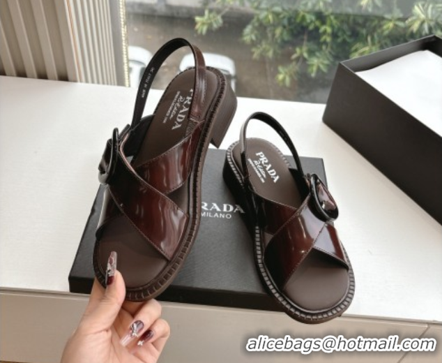 Lowest Price Luxury Prada Brushed leather sandals with buckle Brown2 2025 1X962N