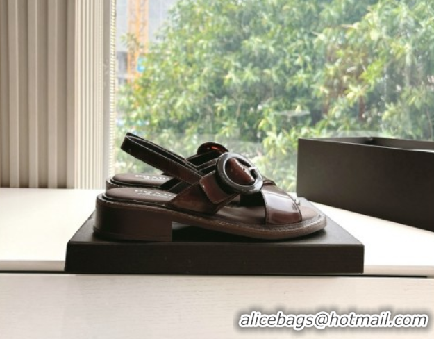 Lowest Price Luxury Prada Brushed leather sandals with buckle Brown2 2025 1X962N