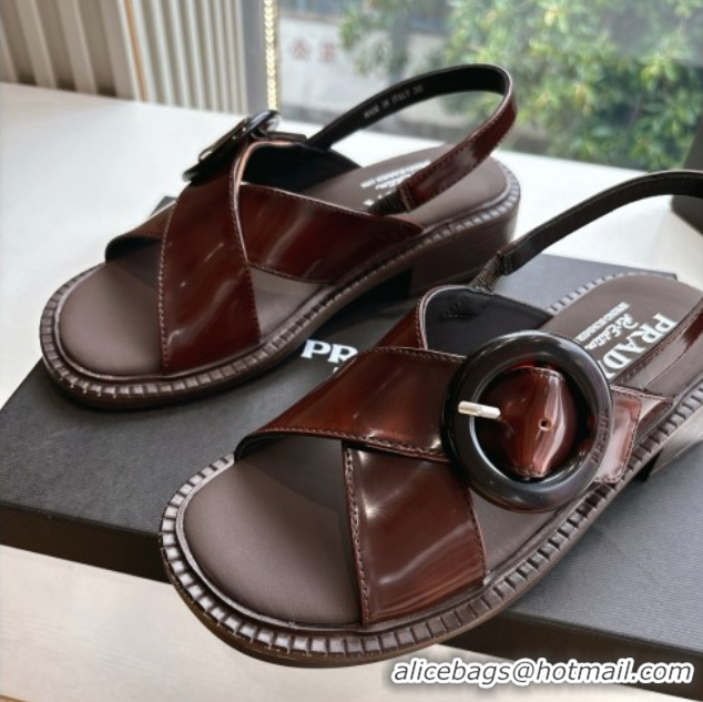 Lowest Price Luxury Prada Brushed leather sandals with buckle Brown2 2025 1X962N