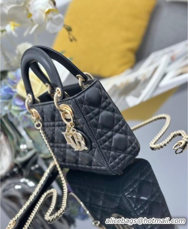 Famous Brand Dior Mini Lady Dior Bag in Cannage Lambskin with Strass M0505 Black 2025
