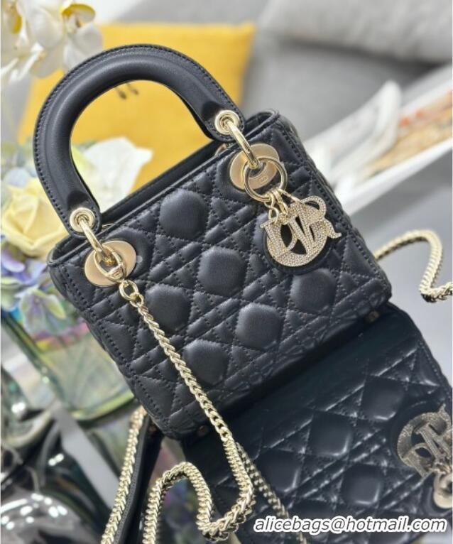 Famous Brand Dior Mini Lady Dior Bag in Cannage Lambskin with Strass M0505 Black 2025