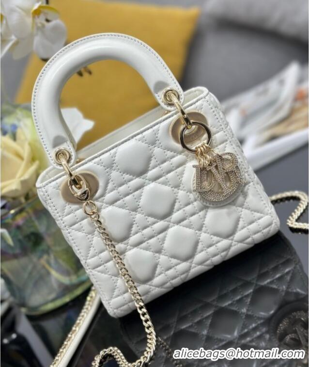 Best Price Dior Mini Lady Dior Bag in Cannage Lambskin with Strass M0505 White 2025