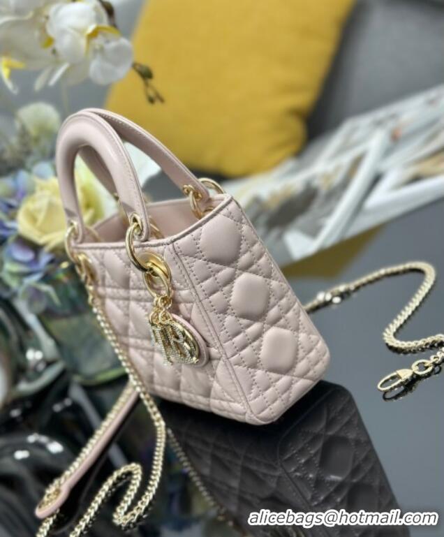 Top Grade Dior Mini Lady Dior Bag in Cannage Lambskin with Strass M0505 Light Pink 2025