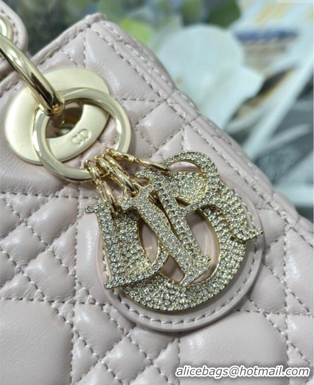 Top Grade Dior Mini Lady Dior Bag in Cannage Lambskin with Strass M0505 Light Pink 2025