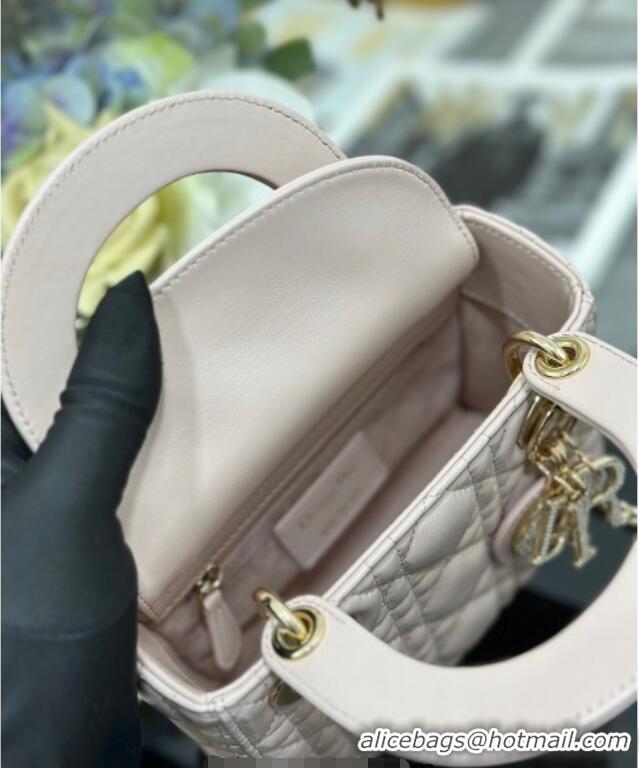 Top Grade Dior Mini Lady Dior Bag in Cannage Lambskin with Strass M0505 Light Pink 2025