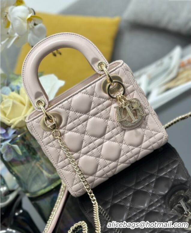 Top Grade Dior Mini Lady Dior Bag in Cannage Lambskin with Strass M0505 Light Pink 2025