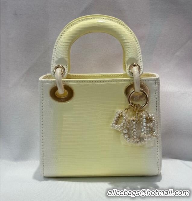 Top Grade Dior Mini Lady Dior Bag in Lizard Skin and Goatskin Leather D7053 Yellow 2025 (Full Handmade)