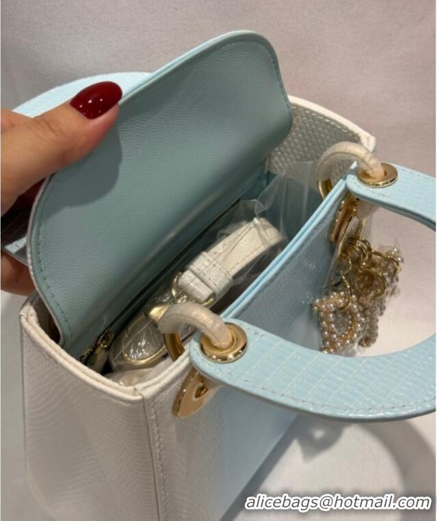 Grade Discount Dior Mini Lady Dior Bag in Lizard Skin and Goatskin Leather D7053 Blue 2025 (Full Handmade)