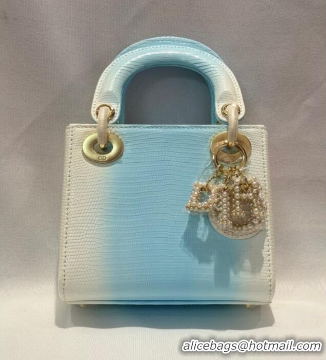 Grade Discount Dior Mini Lady Dior Bag in Lizard Skin and Goatskin Leather D7053 Blue 2025 (Full Handmade)