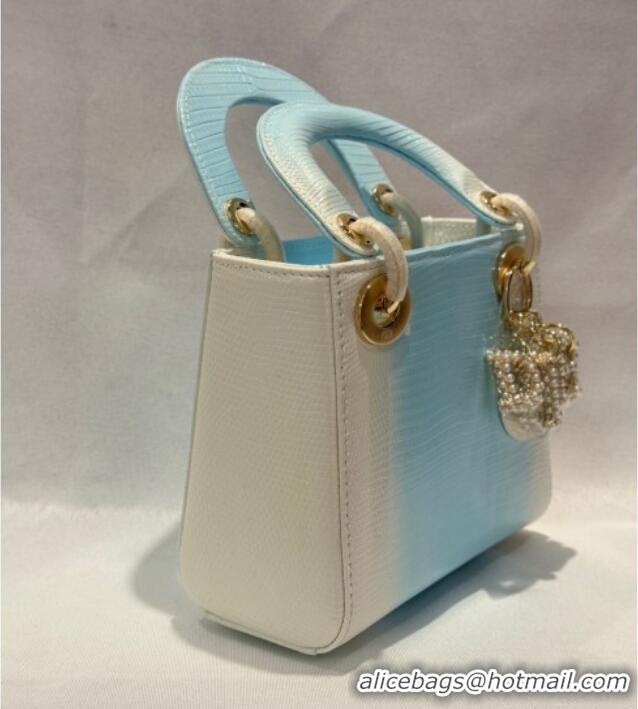 Grade Discount Dior Mini Lady Dior Bag in Lizard Skin and Goatskin Leather D7053 Blue 2025 (Full Handmade)