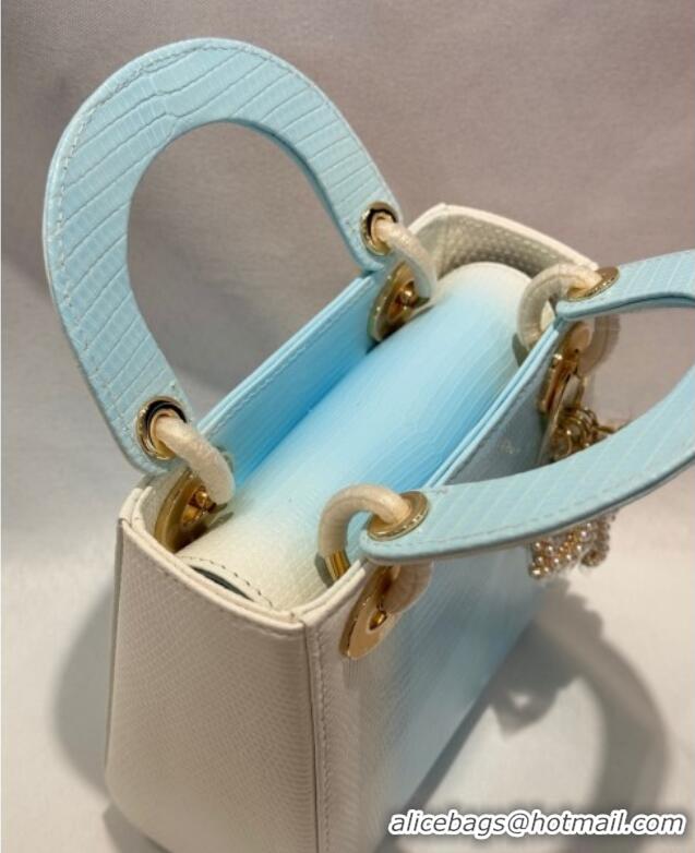 Grade Discount Dior Mini Lady Dior Bag in Lizard Skin and Goatskin Leather D7053 Blue 2025 (Full Handmade)